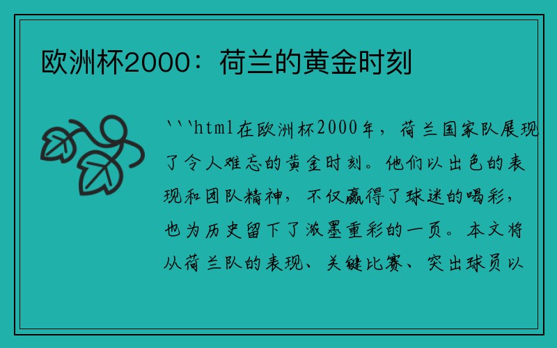 欧洲杯2000：荷兰的黄金时刻